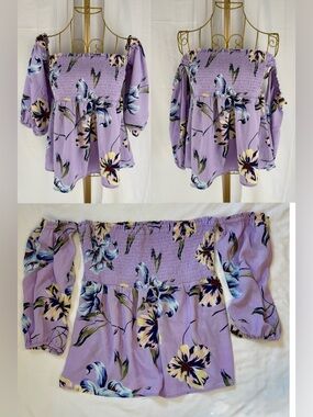 Lily White Off-Shoulder Lavender Floral Puff Sleeve Top Blouse Shirt - Medium